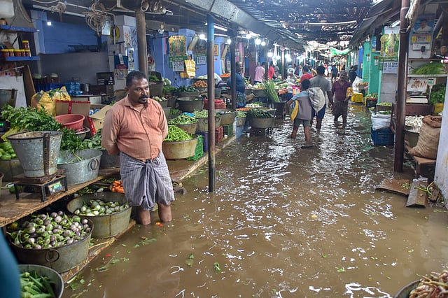 Rain Water stagnated in Kamaraj vegetable market at Thoothukudi.
