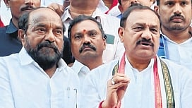 TPCC president Mahesh Kumar Goud addresses the media as BJP MP R Krishnaiah looks on, at Gandhi Bhavan in Hyderabad on Thursday