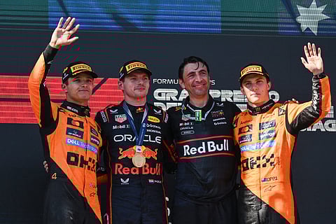 Norris (L) took pole last year and finished fourth and knows he must beat his 24-year-old Australian team-mate, and Verstappen (2nd left) if possible, if he is to keep alive his challenge – and knows Piastri (R) has gone three races without a 0podium.