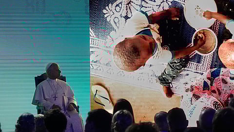 Pope Leo XIV, left, attends the ceremony marking the 80th anniversary of World Food Day at the FAO headquarters in Rome, Thursday, Oct. 16, 2025.