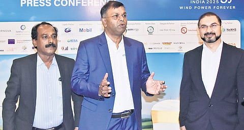 (From L) Pandu Chillakuru, Saravanan Manickam and Aditya Pyasi during a press meet held in connection with ‘Windergy India 2025’ trade fair in Chennai.