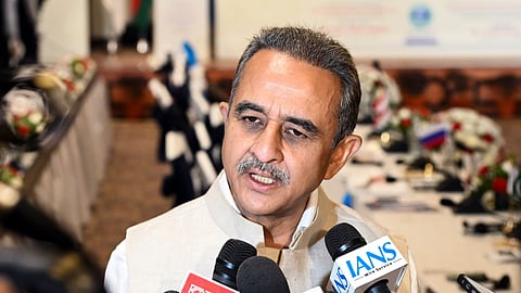 Union Minister of State (MoS) for External Affairs Kirti Vardhan Singh speaks to the media in New Delhi.