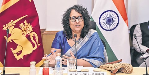 Prime Minister of Sri Lanka Harini Amarasuriya addresses a press conference at NITI Aayog headquarters during her official visit to India, in New Delhi.