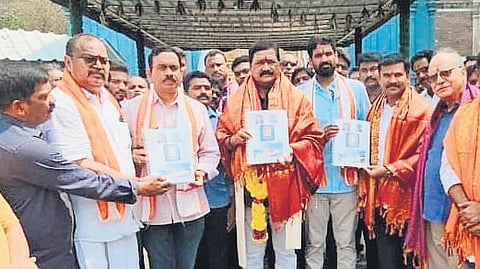 Bheemili MLA Ganta Srinivasa Rao, Archaeology Department Director Muniratnam Reddy and other officials at Simhachalam Temple in Vizag on Friday