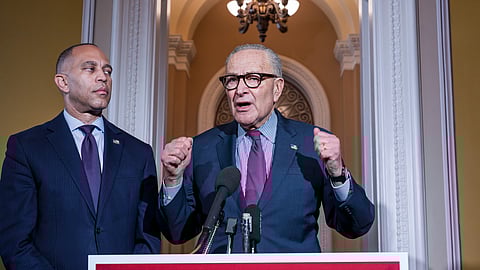 House Minority Leader Hakeem Jeffries, D-NY, left, and Senate Minority Leader Chuck Schumer, D-NY, speak to reporters outside the Senate chamber as they charge US President Donald Trump and the Republicans with the government shutdown at the Capitol in Washington, Thursday, Oct. 16, 2025.