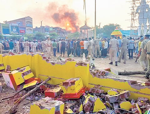 Police deployed at the clash site on the disputed government land in Ratnamanipur Mouza of Singipur panchayat in Ganjam’s Sanakhemundi on Thursday