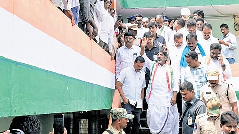 Deputy Chief Minister Mallu Bhatti Vikramarka waves to party workers at the Congress party office in Khammam on Friday