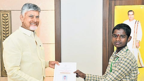 Chief Minister Nara Chandrababu Naidu presents certificates to winners of contests on GST reforms at the State Secretariat in Velagapudi on Friday