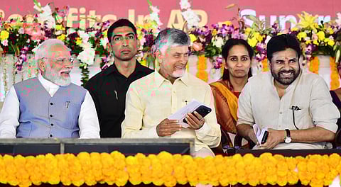 PM Narendra Modi, CM Nara Chandrababu Naidu and deputy CM Pawan Kalyan during the Super GST Super Savings public meeting at Kurnool on Thursday.