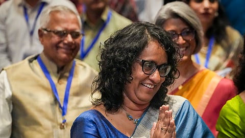 Sri Lanka Prime Minister Harini Amarasuriya during her visit to the Hindu College, in New Delhi, Thursday, Oct. 16, 2025.