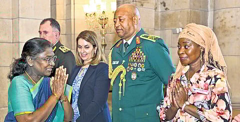 President Murmu during a meeting with the chiefs, and their spouses, of armies participating in the Army Chiefs’ Conclave at Rashtrapati Bhavan on Thursday