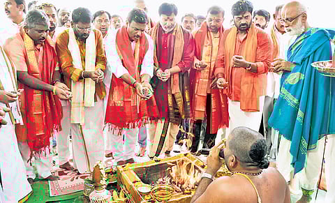 State BJP chief PVN Madhav and other leaders participate in a homam at Gandhi Bhavan in Tirupati on Saturday.