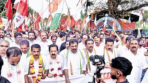 Leader of Opposition V D Satheesan inaugurating the ‘Faith Protection Rally’ organised by the UDF at Pandalam in Pathanamthitta on Saturday