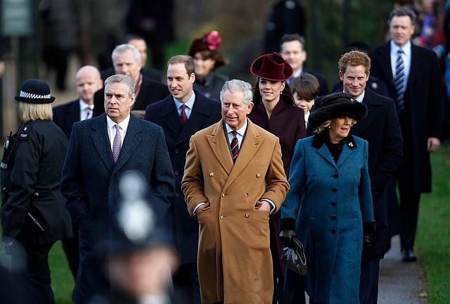 From left, Britain's Prince Andrew, Prince William, Prince Charles, Kate Duchess of Cambridge, Camilla Duchess of Cornwall and Prince Harry arrive to attend a Christmas Service at St Mary's church on the grounds of Sandringham Estate, the Queen's Norfolk retreat, England, Dec. 25, 2011.