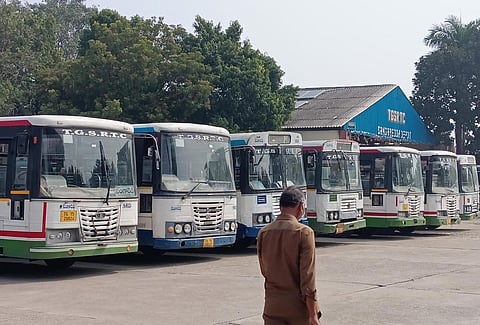 A view of a bus depot in Sangareddy on Saturday, October 18, 2025