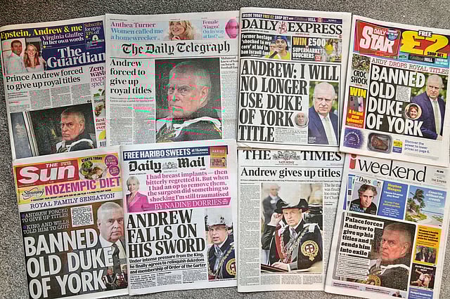 A selection of British national newspapers showing the front pages and their reaction to Prince Andrew announcing that he will relinquish his Duke of York title and the Order of the Garter, amid ongoing problems in his personal life, in London, Saturday, Oct. 18, 2025.