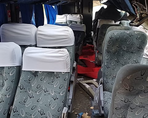 This handout photo provided by Brazil's Federal Highway Police shows a bus destroyed after an accident on the BR-423 highway, near the city of Saloáa, in Pernambuco state, Brazil, on October 18, 2025.