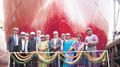 Dr M Angamuthu, Chairperson of VPA and DCIL launches the latest vessel, Dredge Godavari, the first-ever 12,000 m3 Beagle Series dredger in Vizag.