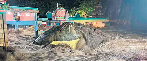Flash floods hit Panchalinga Falls in Thirumoorthy Hills late Saturday, inundating
the Amanalingeswarar Temple in Tiruppur