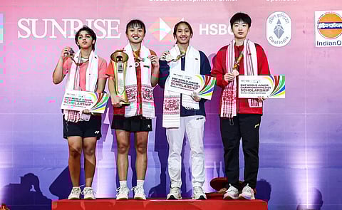 India's Tanvi Sharma (L) at the podium with the rest of the medallists