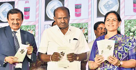 Union Minister for Heavy Industries HD Kumaraswamy with Union Minister of State for Labour Shobha Karandlaje and BJP MP Dr CN Manjunath in Bengaluru on Sunday.