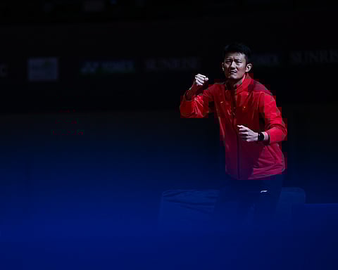 Chen Long reacts during a match on Saturday