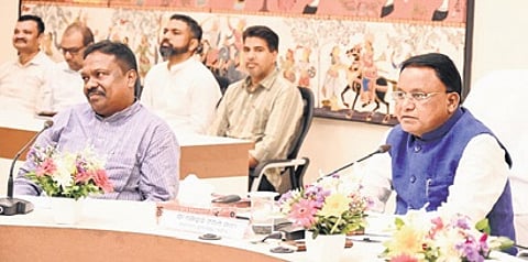 CM Mohan Charan Majhi and Panchayati Raj minister Rabi Narayan Naik at the foundation stone-laying event of the GP office buildings, at Lok Seva Bhawan in Bhubaneswar