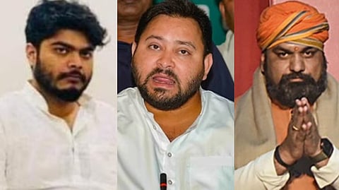(L to R) Osama Shahab, the son of gangster-turned-neta Mohammad Shahabuddin; Bihar LoP Tejashwi Yadav, the son of RJD chief Lalu Prasad Yadav; and Bihar Deputy CM Samrat Choudhary, the son of former MP Shakuni Choudhary.