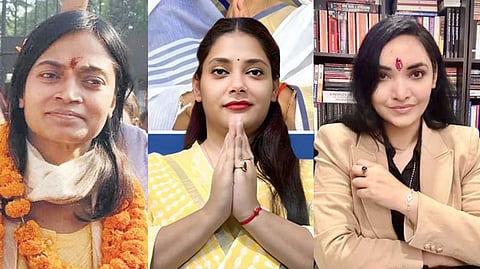(L-R) Shivani Shukla, a UK-educated law postgraduate making her electoral debut from Lalganj on an RJD ticket; Lata Singh, a Supreme Court lawyer contesting from Asthawan for Prashant Kishor’s Jan Suraaj Party; and Pushpam Priya Choudhary, LSE alumna and founder of The Plurals Party, contesting from Darbhanga.