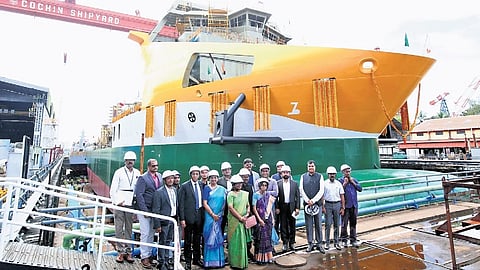 Cochin Shipyard CMD Madhu S Nair with dignitaries at the launch of suction hopper dredger built for Dredging Corporation of India Ltd in Kochi on Saturday.