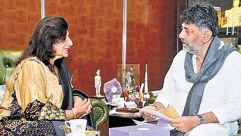 Biocon Chairperson Kiran Mazumdar-Shaw calls on DCM DK Shivakumar at the latter’s residence in Sadashivanagar on Tuesday