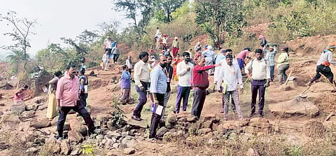 Officials inspect work carried out under the MGNREGA scheme in Belagavi.