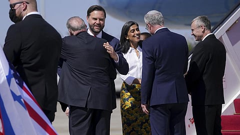 Vice President J.D. Vance and Second Lady Usha Vance greet U.S. Ambassador to Israel Mike Huckabee among others upon their arrival at Ben Gurion airport in Tel Aviv, Israel on October 21, 2025.