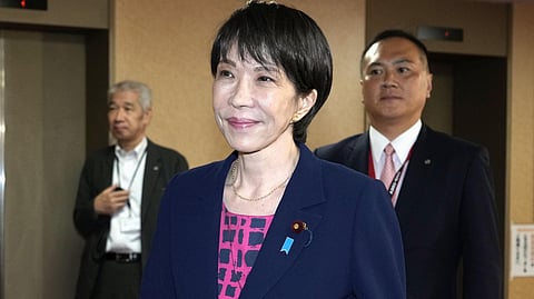 Sanae Takaichi, the newly-elected leader of Japan's ruling party, the Liberal Democratic Party (LDP), leaves the LDP headquarters in Tokyo, Friday, Oct. 10, 2025.