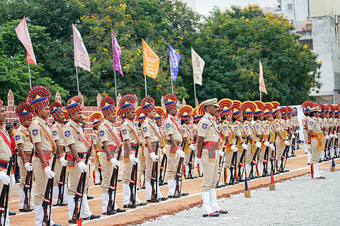 Police personnel pay tribute to martyrs on Police Commemoration Day, in Hyderabad on Tuesday.