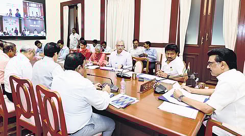 Chief Minister MK Stalin chairing the meet at the Secretariat on Tuesday