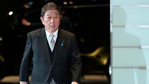 Toshimitsu Motegi, newly appointed foreign minister, arrives at the prime minister's office in Tokyo, Japan, Tuesday, Oct. 21, 2025.
