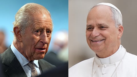 A collage of Britain's monarch, King Charles III (L), and Pope Leo XIV.