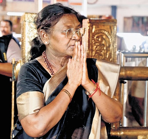 President Droupadi Murmu offering prayers at the sreekovil of Sabarimala temple on Wednesday | Express