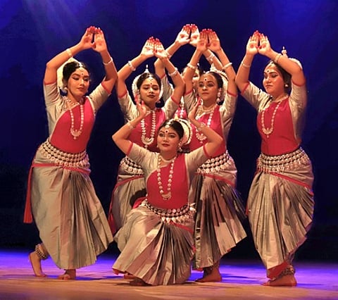 Artistes performing Odissi at the 20th Annual Dance Festival of Debadasi "Nrutyanjali" at Rabinder Mandap in Bhubaneswar on Wednesday