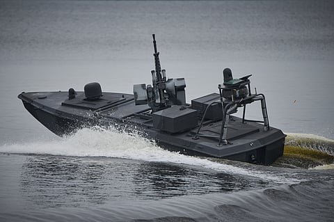A Sea Baby drone rides on the water during a demonstration by Ukraine's Security Service in an undisclosed location in Ukraine on Friday, Oct. 17, 2025.