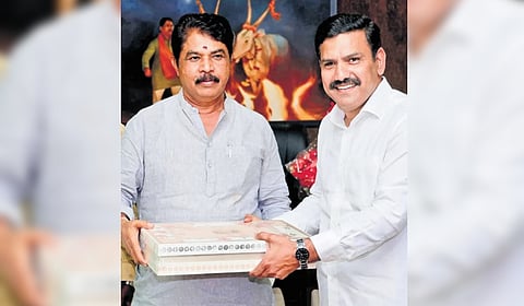 BJP state president BY Vijayendra wishes LoP in the Assembly R Ashoka for Deepavali in Bengaluru on Tuesday.