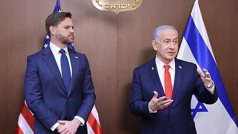 U.S. Vice President JD Vance, left, meets with Israeli Prime Minister Benjamin Netanyahu at the Prime Minister's Office in Jerusalem, Wednesday, Oct. 22, 2025.