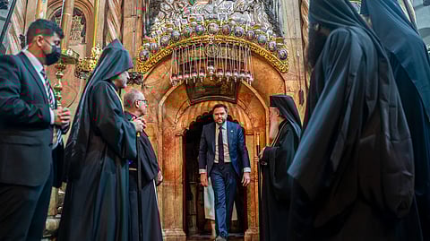 US Vice President JD Vance, centre, tours The Church of the Holy Sepulchre in the Old City of Jerusalem Thursday, Oct. 23, 2025.