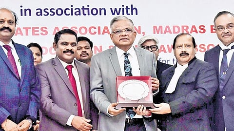 Justice M Sundar honoured at a function held on the Madras High Court premises in Chennai on Thursday.