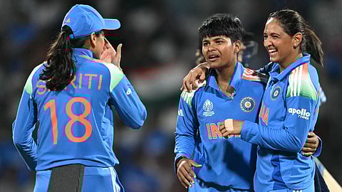 Pacer Kranti Gaud (C) celebrates a wicket against New Zealand on Thursday