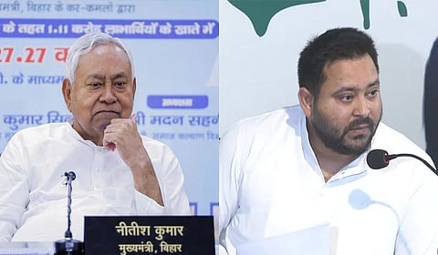 Bihar Chief Minister Nitish Kumar (L), RJD leader and INDIA bloc's chief ministerial candidate Tejashwi Yadav.
