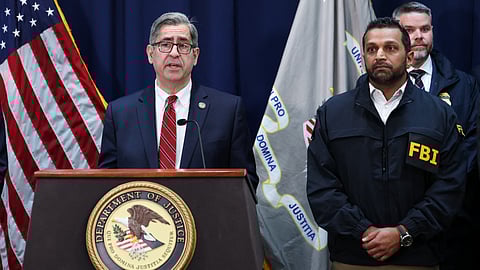 US Attorney for the Eastern District of New York Joseph Nocella (L) speaks alongside FBI Director Kash Patel (R) during a news conference to announce arrests tied to illegal sports betting and poker game schemes, in New York City on October 23, 2025.