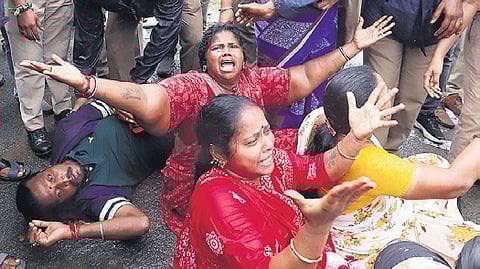 Sanitary workers staging a protest near TN Secretariat, Chennai