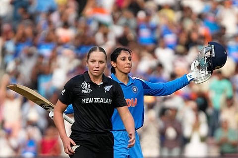 Smriti Mandhana celebrates her ton (Photo | AP)